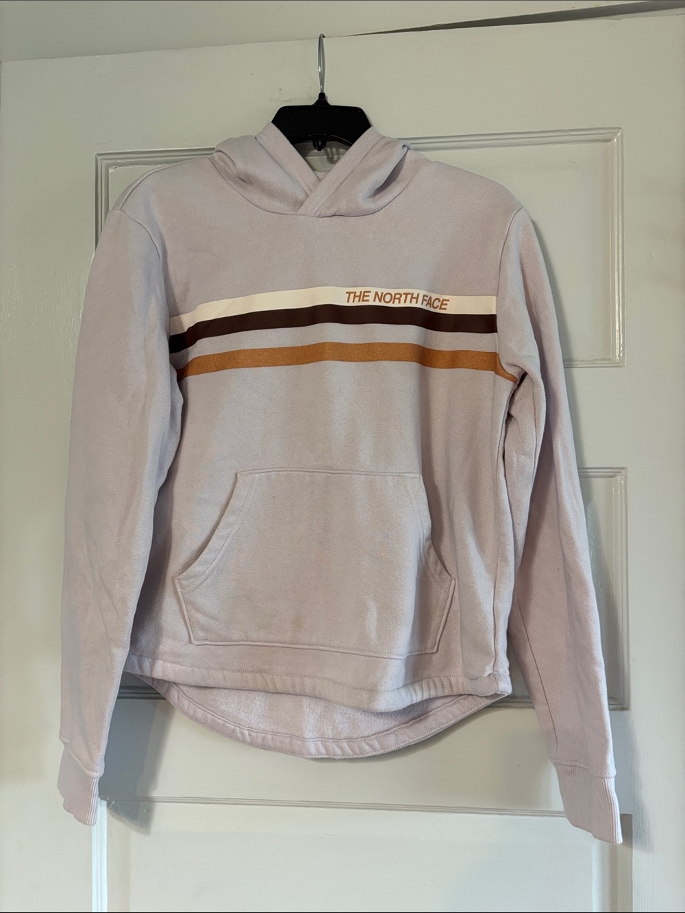 The North Face Pale Pink Teen Girls XXL Hoodie with Brown & Tan Stripes